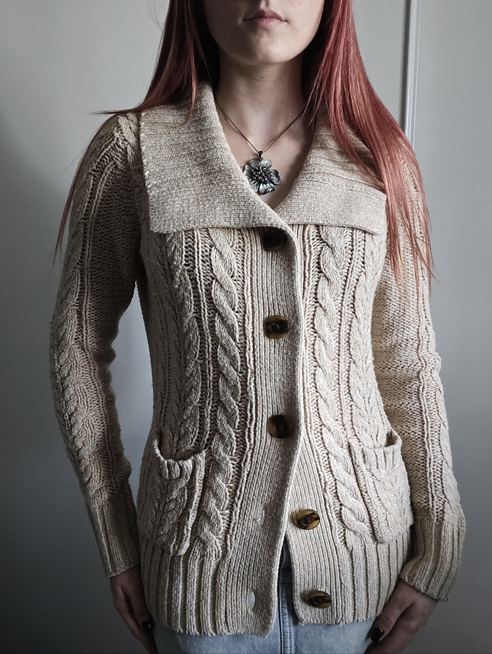 St. John’s Bay Tan cream cable knit cardigan with pockets and buttons, fold over